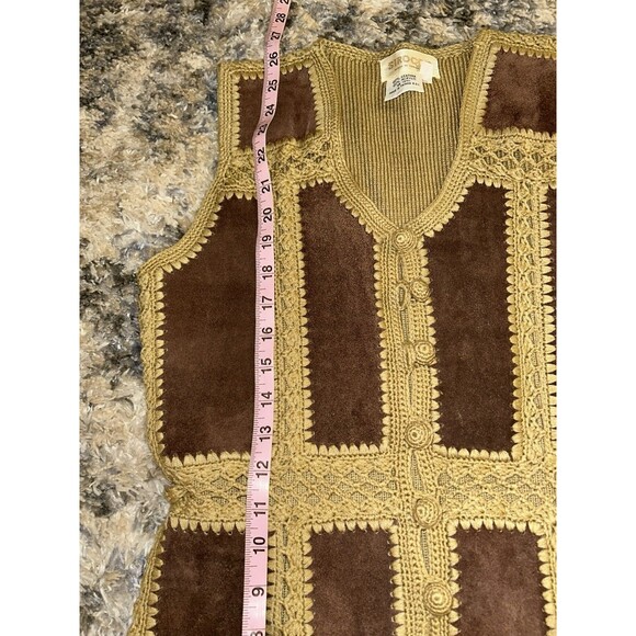 Vintage 70s 60s Hippie Leather Crochet Button Front Vest Brown Womens Boho M - Picture 4 of 6